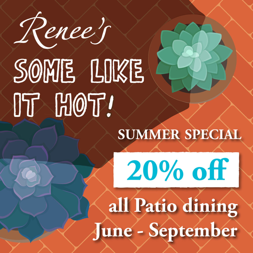 Decorative image of at 20% off patio dining summer special details. 